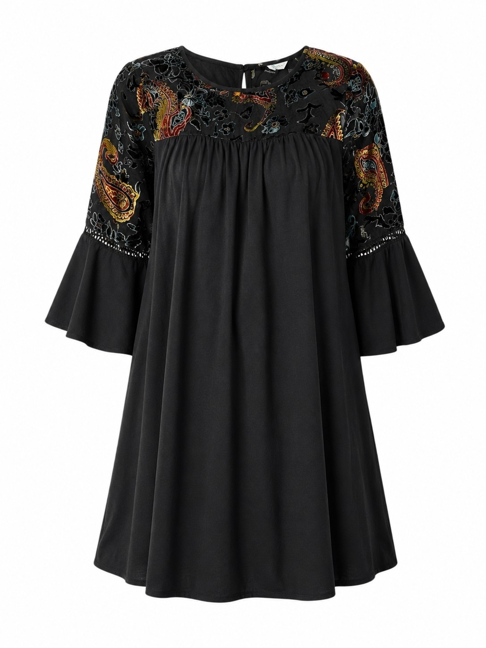 UMGEE | Embroidered Burnout Velvet Yoke Dress Bell Sleeve Witchy Boho Tunic | XL